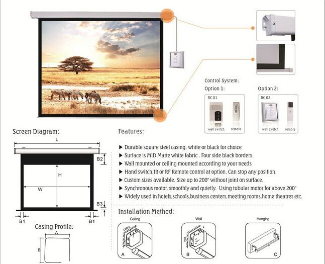 150" Motorized Screen Electric Screen HD Projection Screen With Tubular Motor For School, Business Center